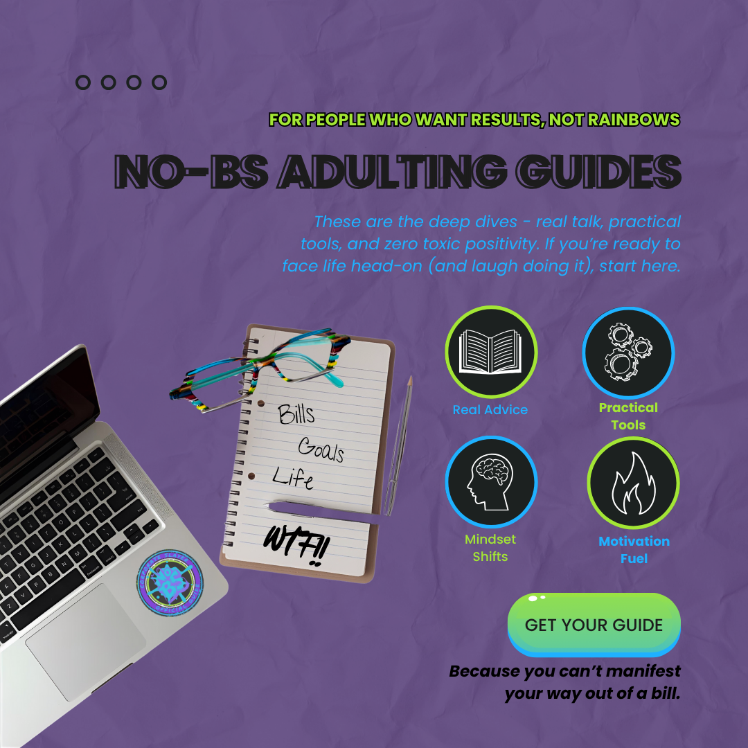 1Voice Full No-BS Adulting Guides Collection Cover – bold acid green and purple design featuring funny, practical self-help guides for real life.