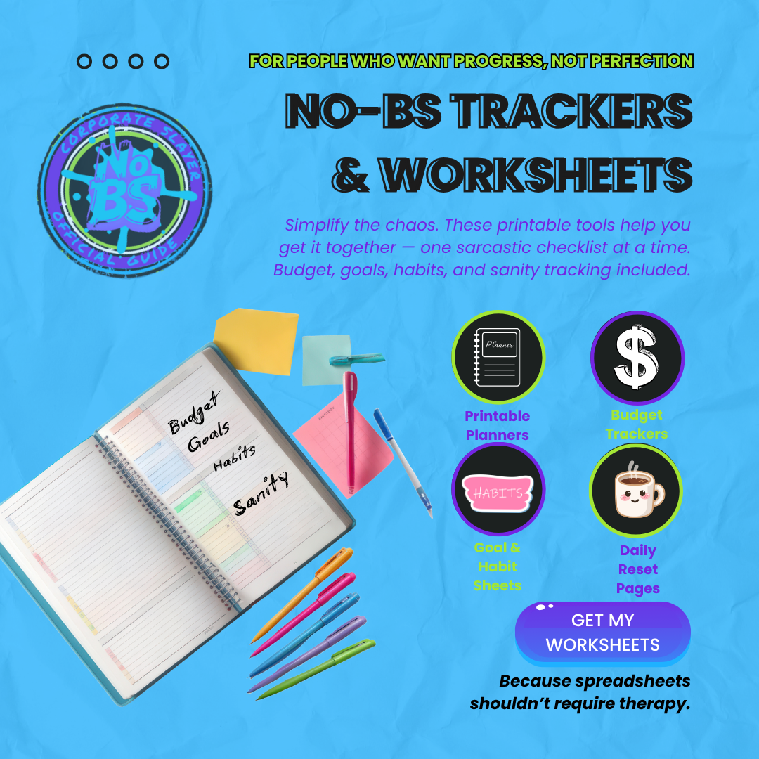 1Voice No-BS Trackers and Worksheets Collection Cover – printable adulting planners, budget trackers, and sarcastic worksheets in neon green and purple design.